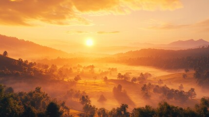 Naklejka premium A serene good morning nature view with sunrise casting golden light over a misty landscape featuring distant trees and mountains