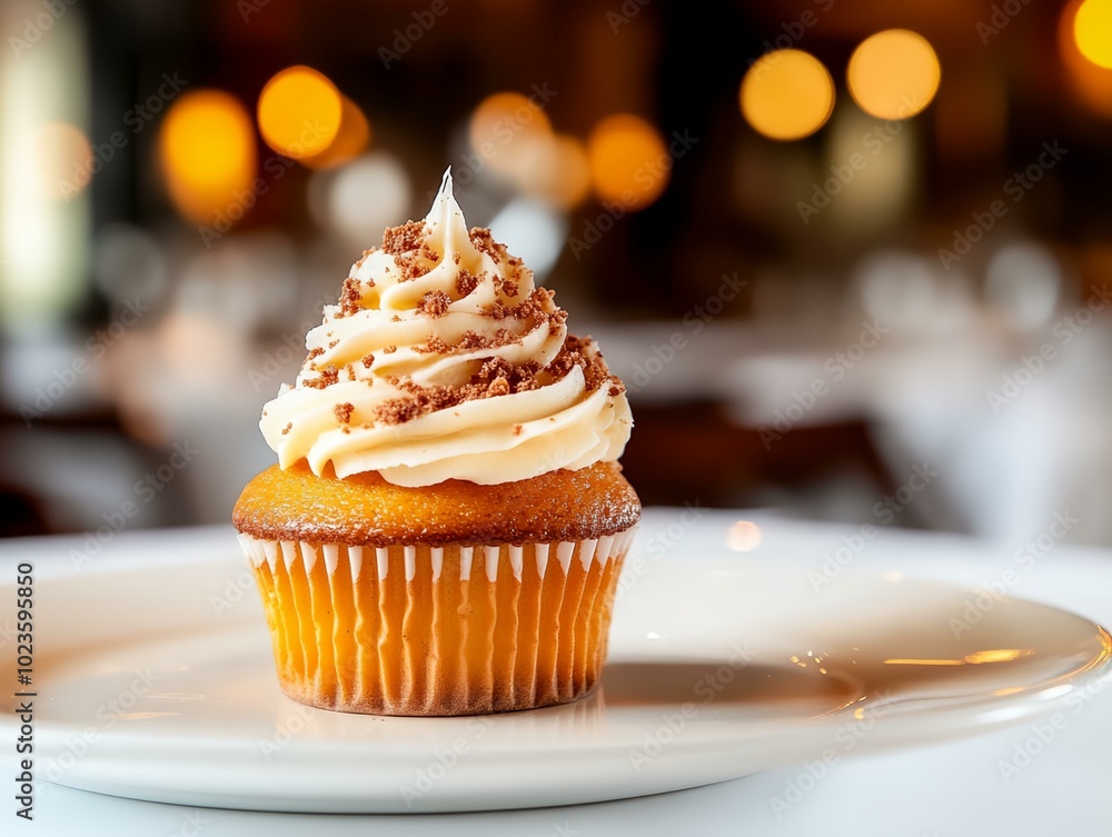 Poster a cupcake with a frosting swirl and sprinkles on top sits on a white plate. the cupcake is the main 