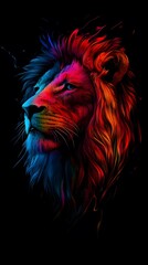 Lion, Illuminated in Neon Light Form, Black Background, Abstract Image, Texture, Pattern Background, Wallpaper, Cover and Screen of Smartphone, PC, Laptop, 9:16 and 16:9 Format