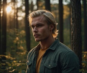 Muscular Scandinavian man standing amidst a forest at sunset, capturing the essence of nature and strength in golden light.