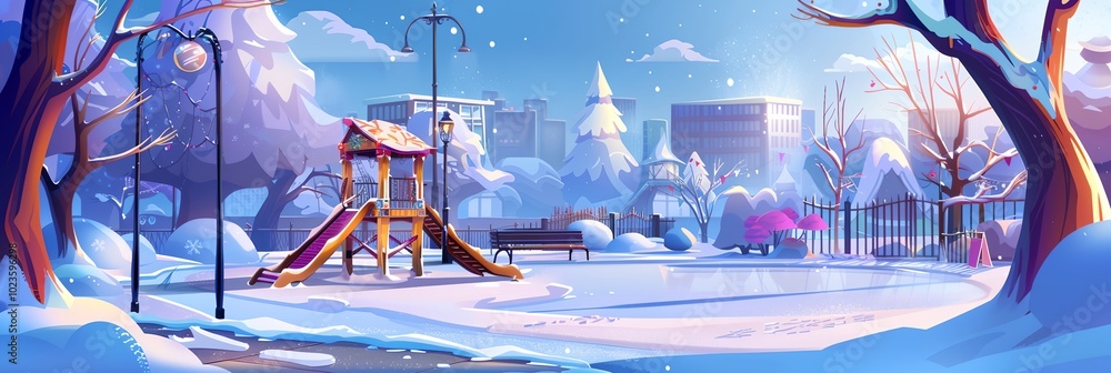 Poster a winter scene with a park and a playground. the playground has a slide and a swing. the park is emp