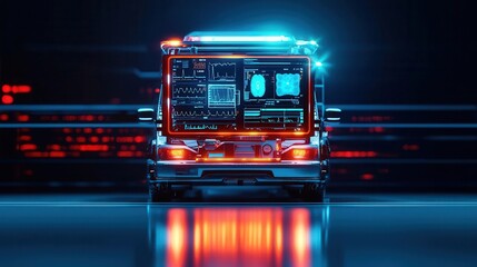 Futuristic emergency response vehicle equipped with AI-driven medical tools, glowing holographic screens providing remote diagnostics