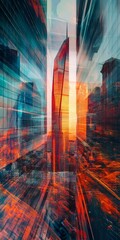 Naklejka premium Futuristic skyscraper shown through a double exposure effect, featuring vibrant colors and dynamic urban visuals.