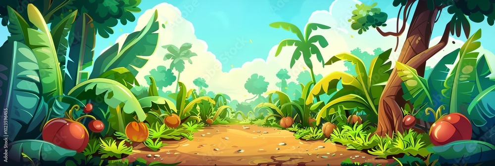 Poster a lush jungle scene with a path leading through it. the path is lined with trees and bushes, and the