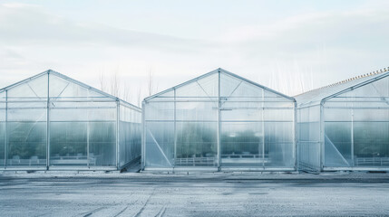 Obraz premium Row of greenhouses with a clear roof. The roof is made of glass and the greenhouses are made of metal