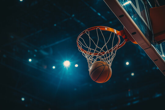 A basketball is in the air, about to go through a hoop