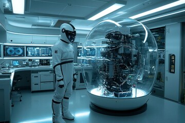 Astronaut Examining a Complex Machine Encased in a Clear Dome
