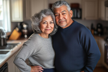 Fototapeta premium A man and woman are standing in a kitchen, smiling for the camera