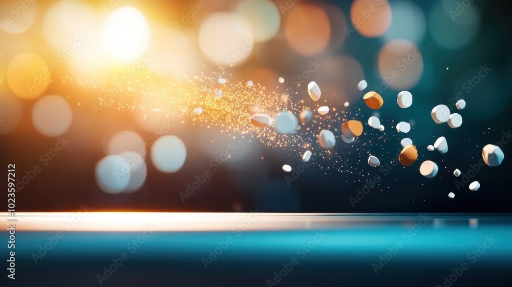 Poster an abstract image of energy flowing through a series of particles, illustrating the concept of energ