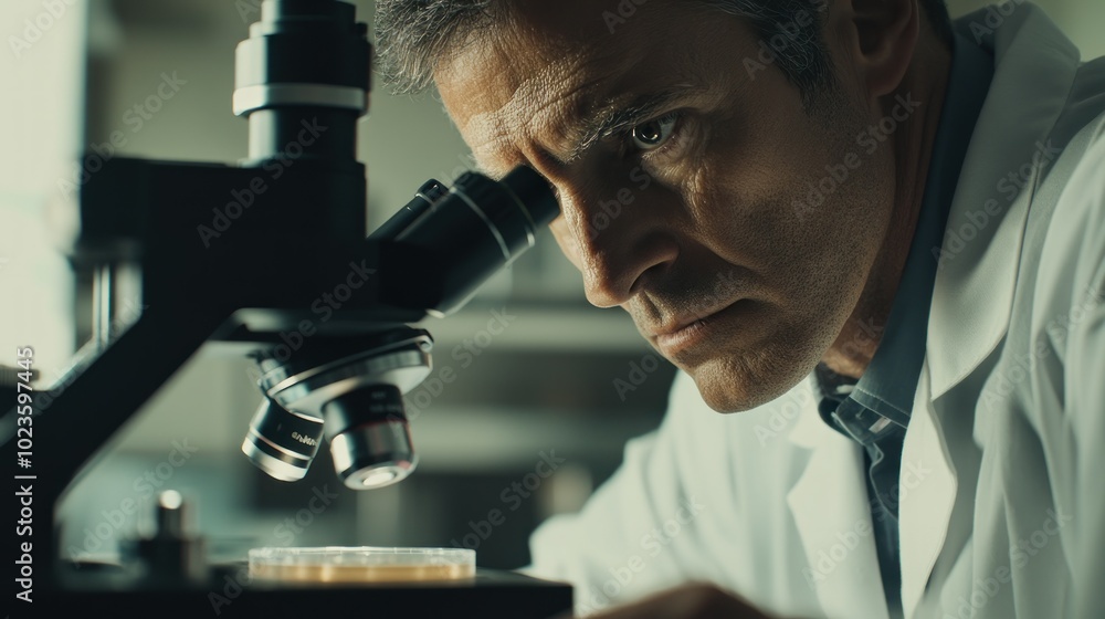 Aufkleber a scientist examining a sample under a microscope