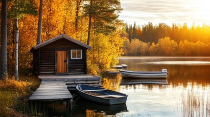 Relaxing at a traditional Finnish lakeside sauna with colorful autumn forest and peaceful fishing boats at sunset