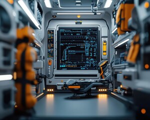 Robotic paramedic working in an advanced ambulance, glowing medical instruments for real-time diagnostic support