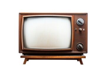 Vintage television with cut out screen white background broadcasting electronics.