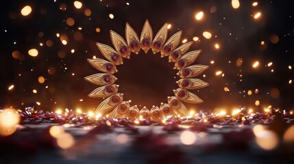 A decorative circular ornament surrounded by petals and lights, evoking a festive ambiance.