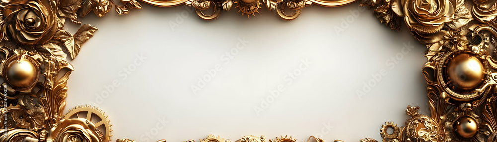 Poster elegant golden frame with gears and lightbulbs - close-up of an ornate masterpiece for creative desi