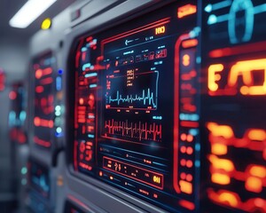 Close-up of holographic patient data displayed in an ambulance, glowing AI tools guiding emergency procedures