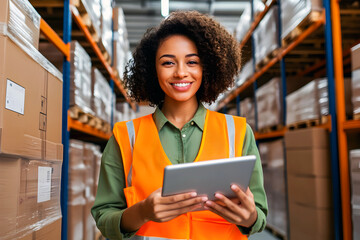 Young African woman in a warehouse, wearing a safety vest, efficiently using a tablet for inventory management.
