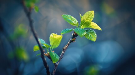 Fresh young green leaves of twig tree growing in spring. Beautiful green leaf nature outdoor background with copy space