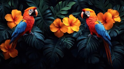 Obraz premium seamless pattern background inspired by vibrant colors and organic forms of tropical rainforests showcasing vivid birds and exotic flowers in a harmonious lush design