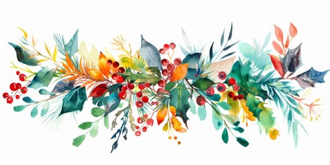 Fototapeta premium Holiday garland illustrated in soft, vibrant watercolor hues.