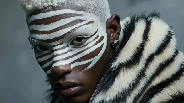 Zebra-Inspired Face Paint on Model with Fur Coat in Close-Up