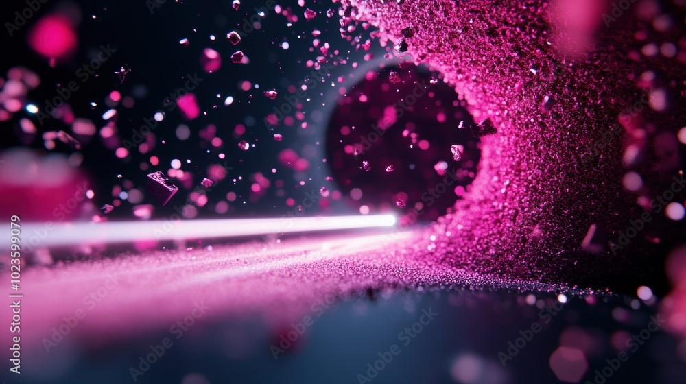 Poster a single particle, emitting a beam of light that bends and warps, creating a surreal distortion of s