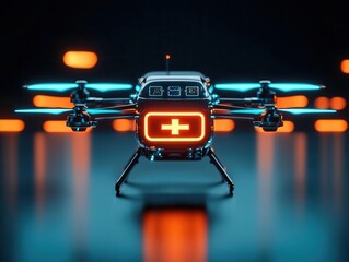 Naklejka premium Futuristic ambulance drone with emergency medical equipment, glowing technology ensuring rapid response in hard-to-reach areas