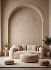 Beige boucle sofa and pouf against arch stucco wall. Minimalist, japandi interior design of modern living room.
