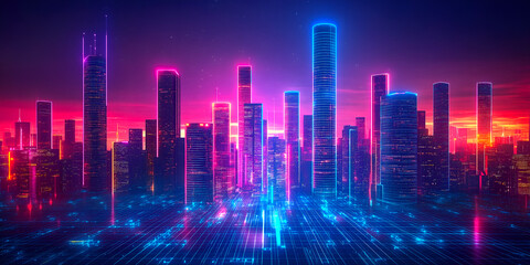 Fototapeta premium Paysage urbain futuriste de grattes-ciel de nuit illuminés par des néons et des faisceaux numériques.