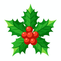 Christmas Holly with Red Berries and Green Leaves, Evergreen, Isolated on White Background. Silhouette vector illustration image