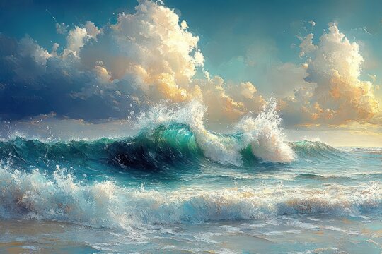 seascape depicting rolling waves during a storm with dramatic clouds and splashes of water capturing the raw power and beauty of the ocean