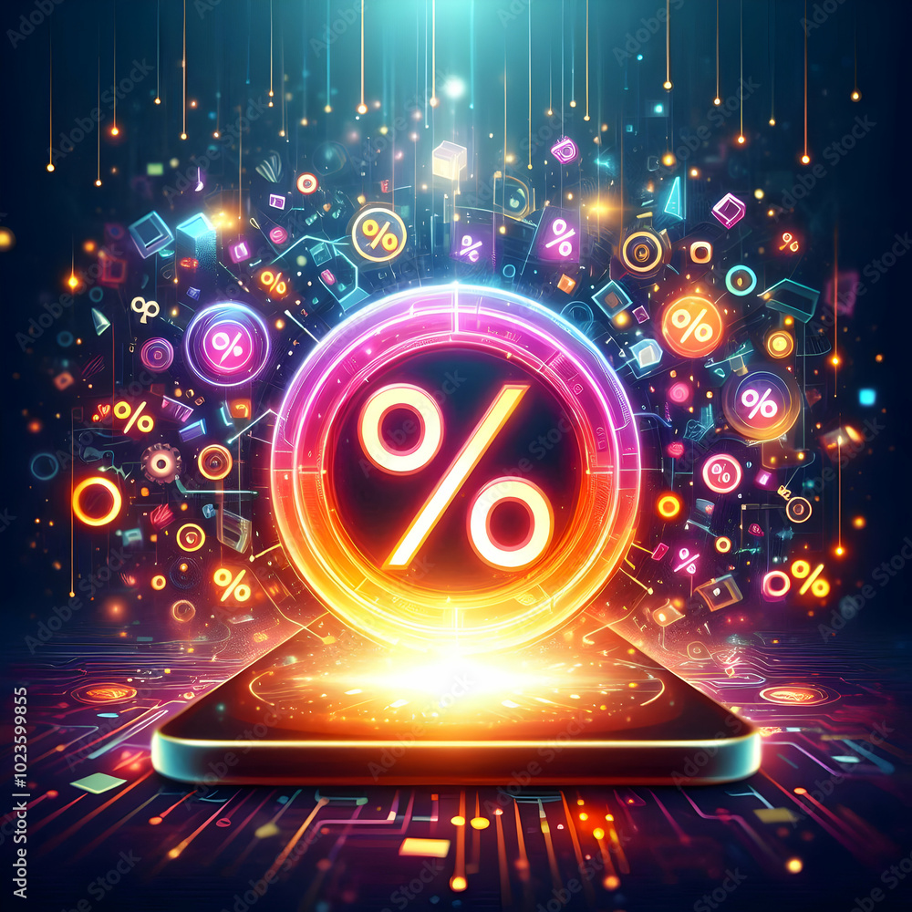 Poster Flat Glowing Abstract Tech Icon with Floating Percentage Symbols for Cyber Monday Discounts - Vibrant Digital Design in Simple Vector Illustration