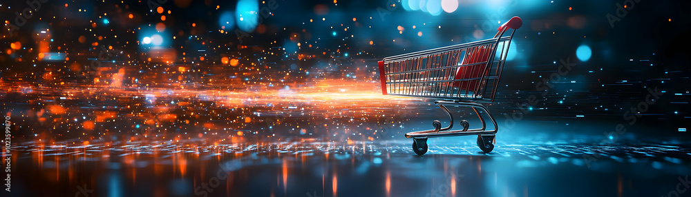 Aufkleber blurred shopping cart with data stream trail: dynamic e-commerce concept capture in photo stock