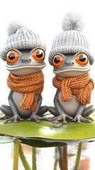 Fototapeta premium Two cute cartoon frogs sitting on lily pads, wearing winter hats and scarves
