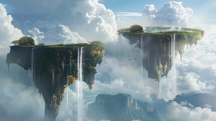Floating islands with waterfalls cascading into the sky, where gravity is defied and landscapes invert