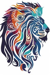 Fototapeta premium Lion head silhouette with vibrant tribal designs.