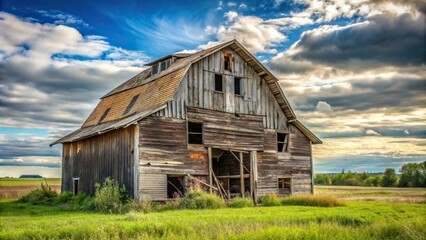 Obraz premium Landscape with a deteriorating and falling apart barn silhouette