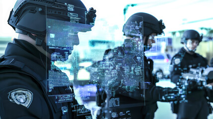 The close-up shot shows officers reviewing sophisticated algorithms that track and predict suspicious behaviors in real time. Data overlays,  including behavior patterns and movement detection,