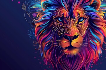 Obraz premium Lion head with vibrant tribal designs in copy space.