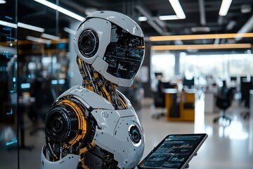 Fototapeta premium White humanoid robot with glowing yellow wires holding a tablet in an office environment