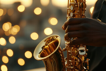 Fototapeta premium Close up of a saxophone being played by a musician during a warm summer night