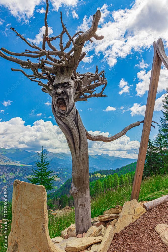 Wall mural carved face in a tree trunk