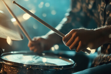 Naklejka premium Drummer is playing on his drum kit with blue lights in the background