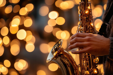 Obraz premium Close-up of a musician playing the saxophone during a concert with warm bokeh lights in the background