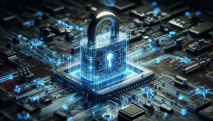 Cybersecurity Shield: Protecting Data in the Digital Age. A secure network with a digital lock, symbolizing data protection and encryption. Safeguard your information from cyber threats.