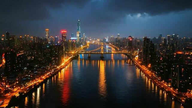 Nighttime aerial time-lapse of cityscape with illuminated bridges and rivers. Urban connectivity concept
