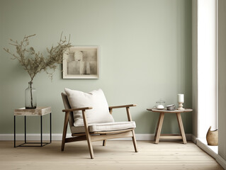 Simple minimalist japandi and wabi sabi style living room with reclaimed wood furniture in neutral and sage colors. Reused materials furniture. Rustic interior.
