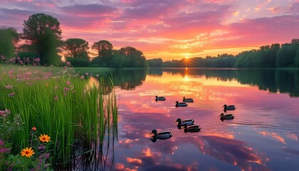 Naklejka premium A serene lakeside scene at sunset, with the sky ablaze in bright pinks, oranges, and purples, reflected perfectly on the calm water