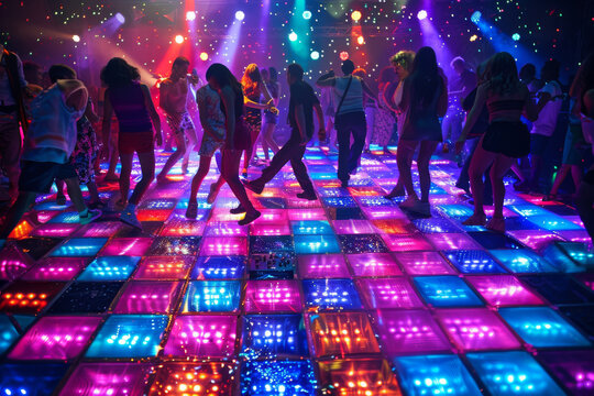Crowd dancing under colorful lights at a lively party or concert