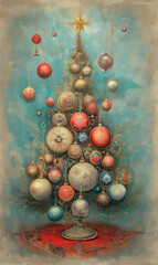 Vintage christmas tree on red turquoise background.
